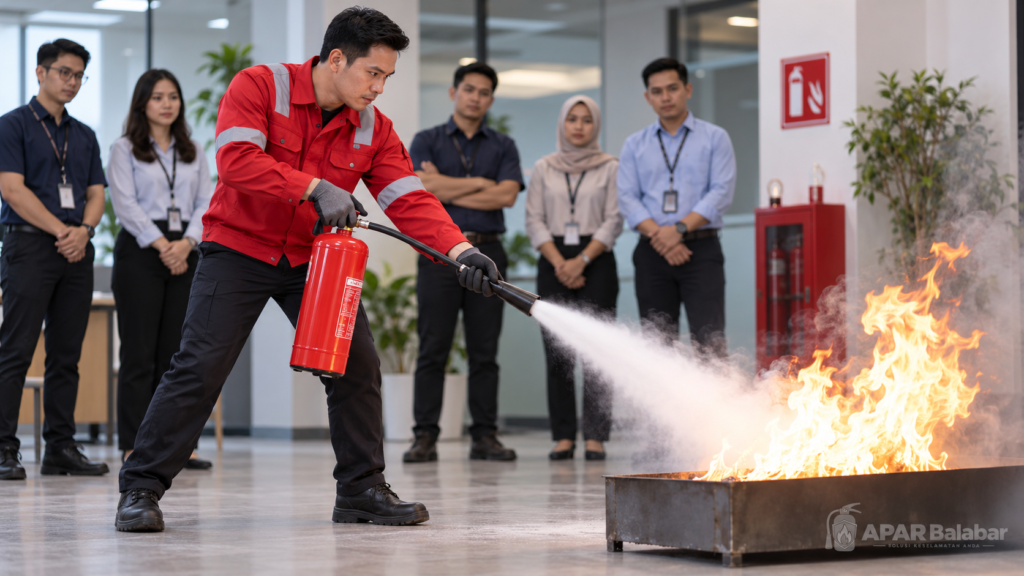 Pelatihan cara menggunakan APAR dengan teknik PASS untuk memadamkan api tahap awal
