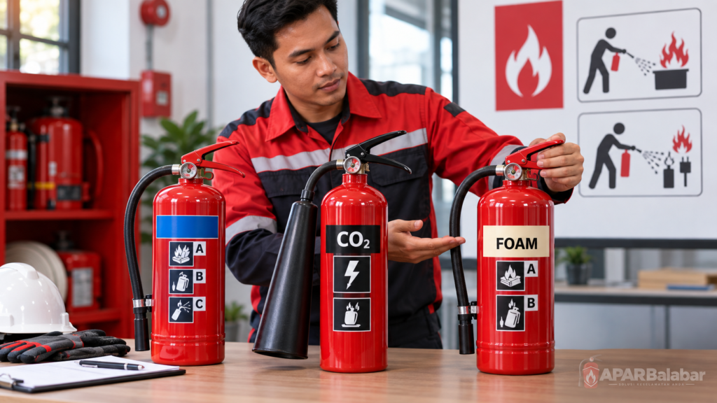 Perbandingan jenis APAR dry chemical powder CO2 dan foam untuk kelas kebakaran berbeda
