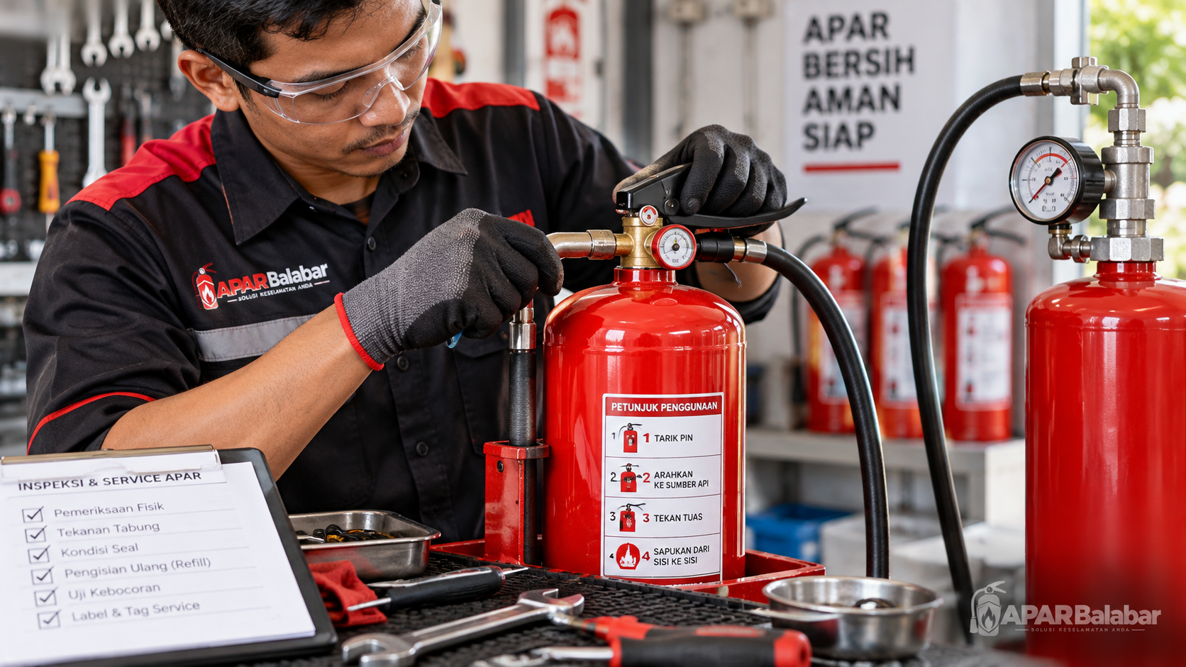 Teknisi melakukan service APAR dengan memeriksa tekanan seal selang dan pengisian ulang