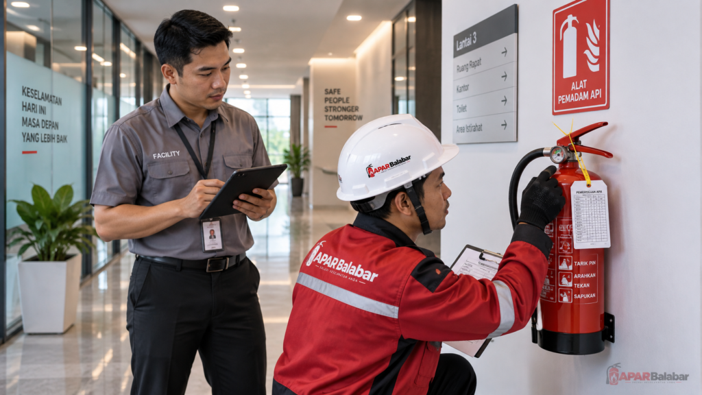 Teknisi memeriksa APAR, pressure gauge, segel, dan tag servis di gedung kantor