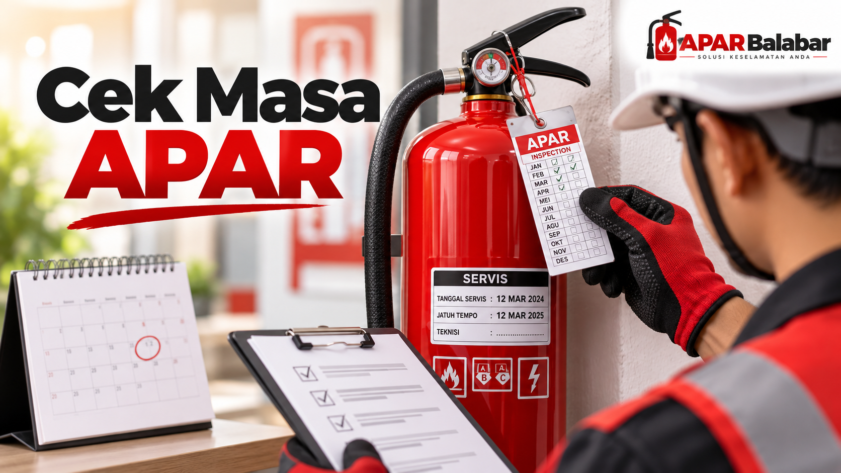 Pemeriksaan label tanggal servis dan kondisi APAR untuk menilai masa kedaluwarsa serta kelayakan unit