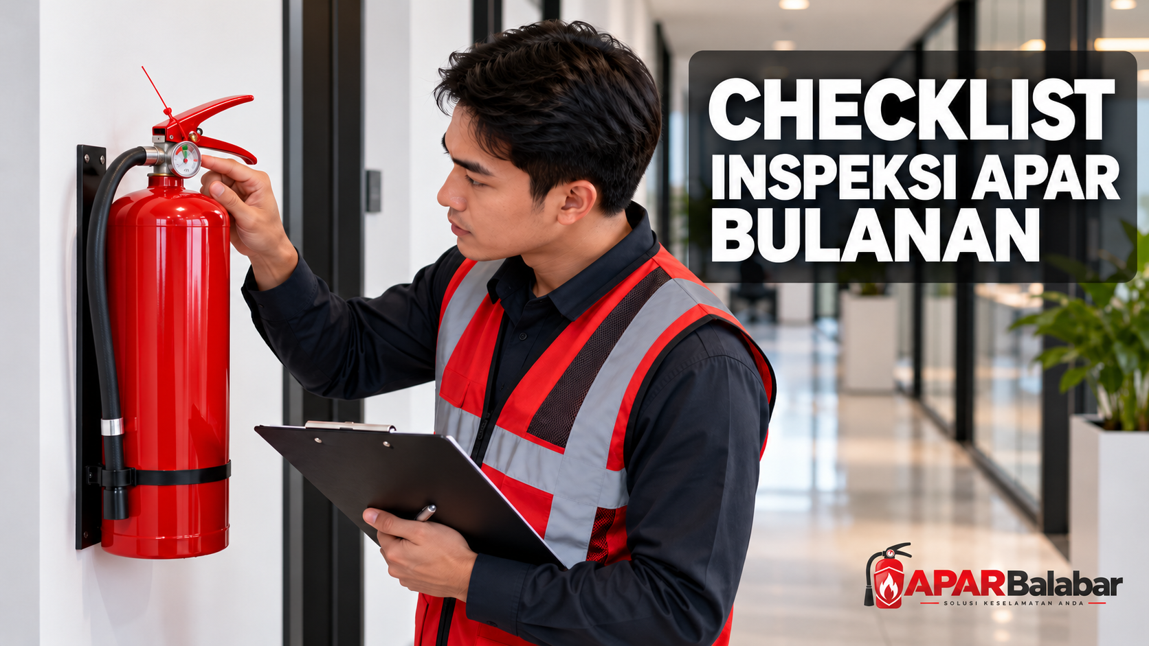 Petugas memeriksa APAR untuk checklist inspeksi bulanan dengan logo APAR Balabar